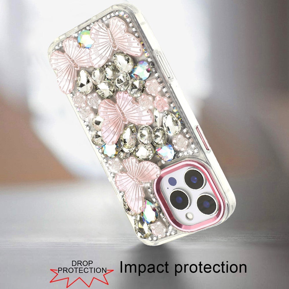 Phone Case for Apple iPhone 16 Pro Luxury 3D Floral Butterfly Bling Rhinestone Glitter Shockproof Stylish Protective Hybrid Designer Metallic Cover
