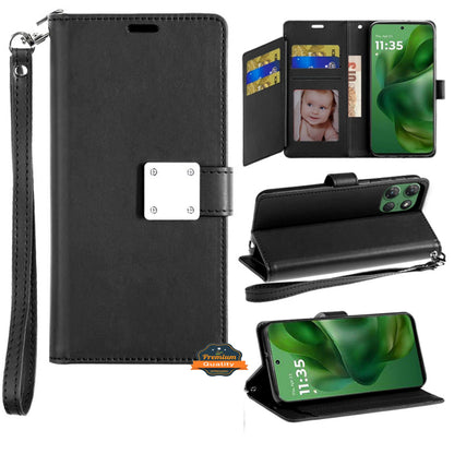 For Samsung Galaxy S21+ Plus Wallet Case with ID/ Card Holder, Wristlet Strap, Magnetic TPU Protective Shockproof Folio Flip Case Cover Black