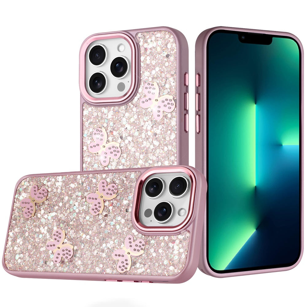 Phone Case for Apple iPhone 13 Pro Max Cute Butterfly Diamond Glitter Metallic Hybrid Shockproof Shimmer Grip Stylish Protective Luxury Designer Cover Pink