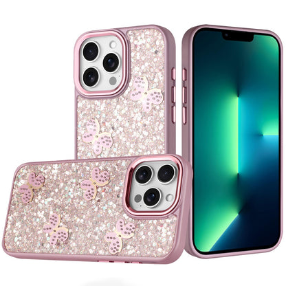 Phone Case for Apple iPhone 13 Pro Max Cute Butterfly Diamond Glitter Metallic Hybrid Shockproof Shimmer Grip Stylish Protective Luxury Designer Cover Pink