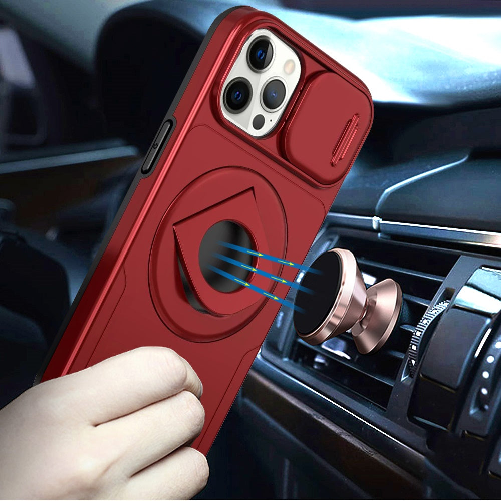 For Samsung Galaxy S21 FE /Fan Edition Full Coverage with Camera Window, Magnetic Circle, Rotatable Ring Stand, MagSafe Compatible, Shockproof Hybrid Protectiv Case Cover Red