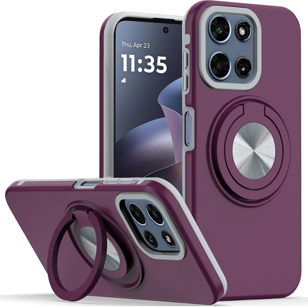 Phone Case for Motorola Moto G Play 5G 2026 Shockproof Magnetic Ring Stand Rotating CarMount Hybrid Metal Matte Finish AntiSlip Grip Kickstand Cover Purple