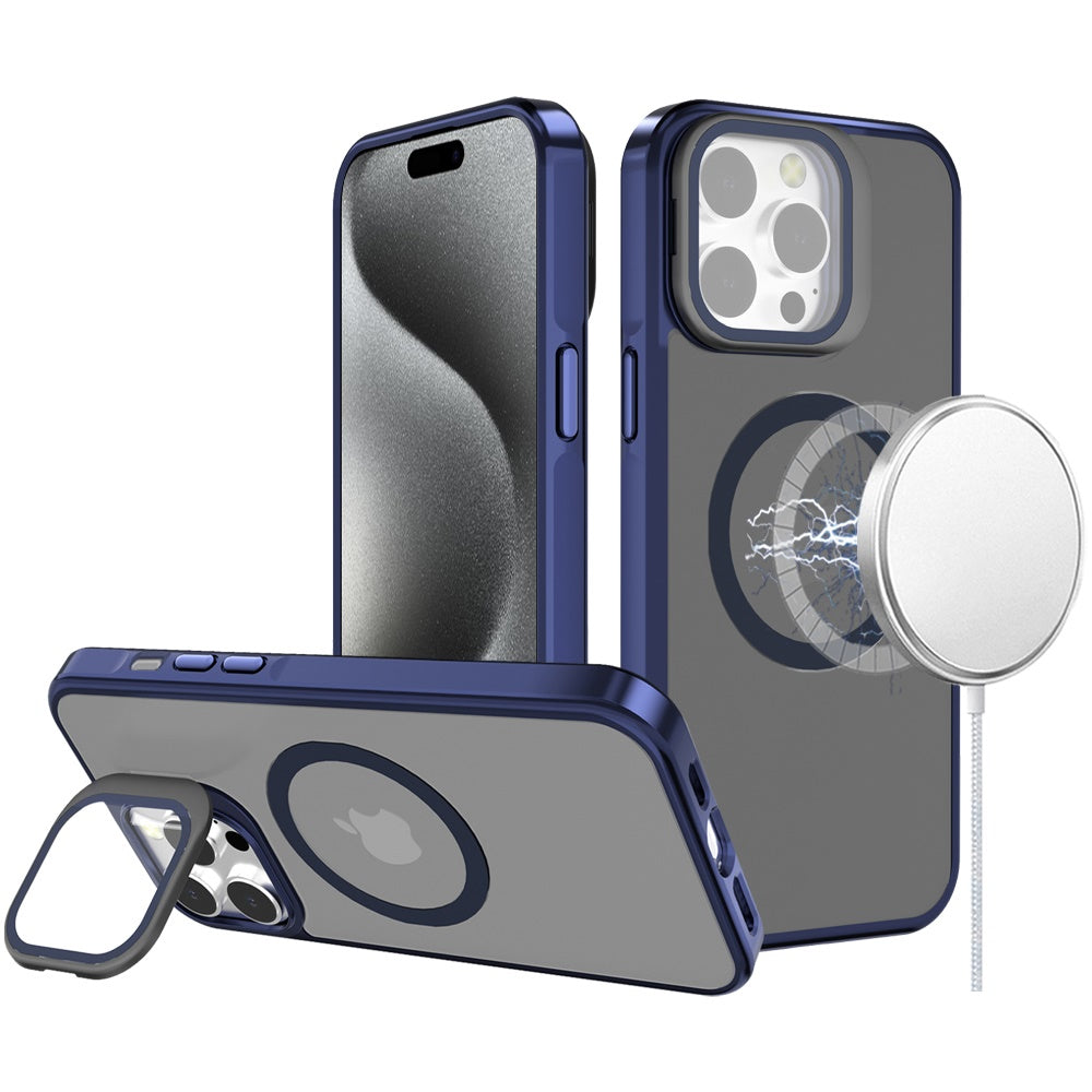 For Apple iPhone 14 /13 Tough HQ Hybrid Case with Aluminum Frame Camera Stand, Compatible with MagSafe, Translucent Matte Shockproof Case Cover