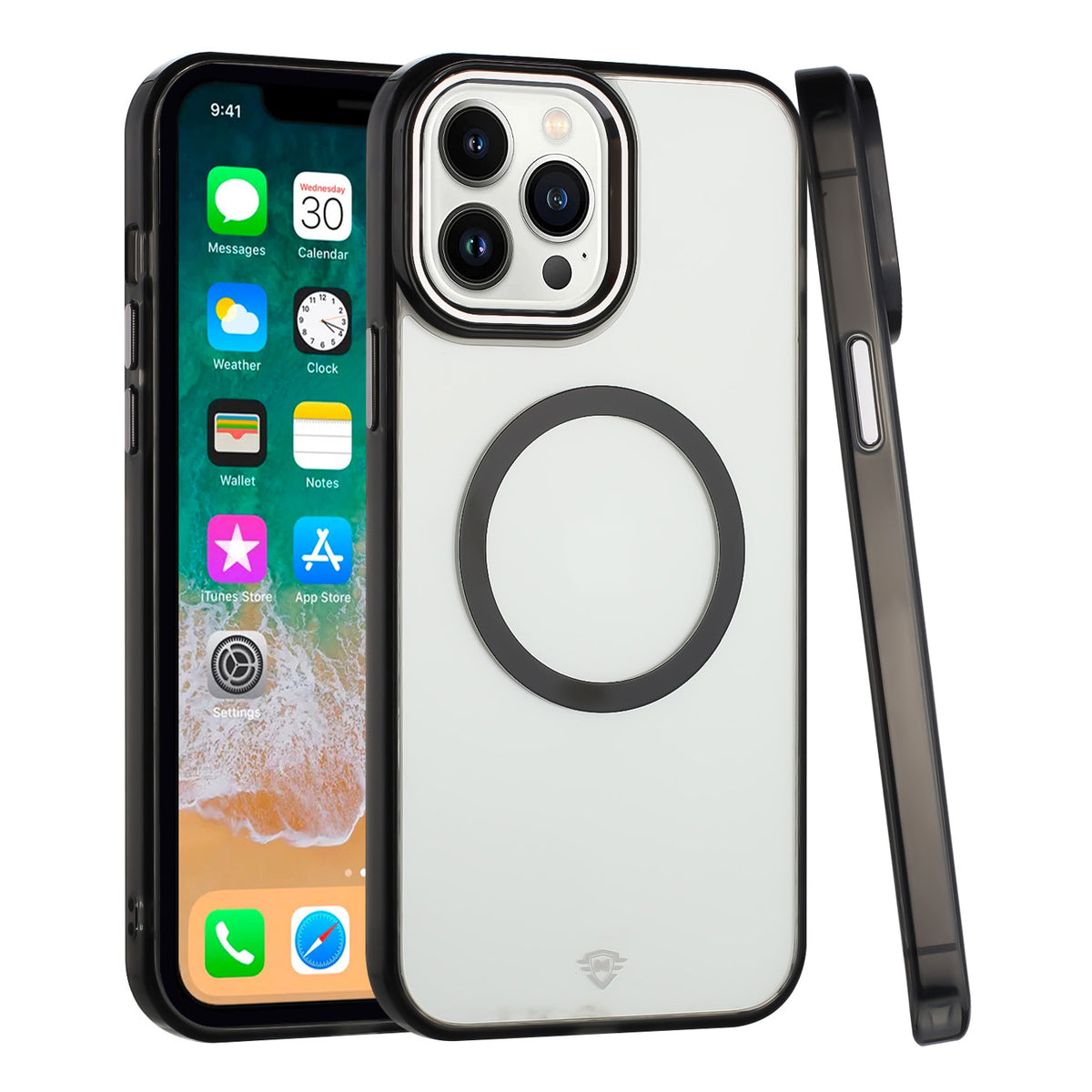 For Apple iPhone 15 Pro Transparent Back Hybrid Case - Magnetic Circle, Color Frame, Metal Buttons, MagSafe Compatible Case Cover Black