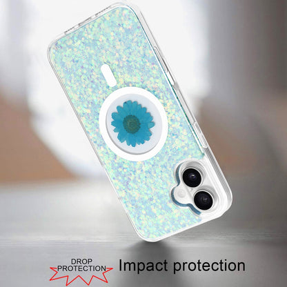 For iPhone 16 (6.1") MagSafe Compatible Glitter Flower Epoxy Hybrid Slim TPU Case, Magnetic Circle Design, Sparkly Bling Protective Case Cover Silver