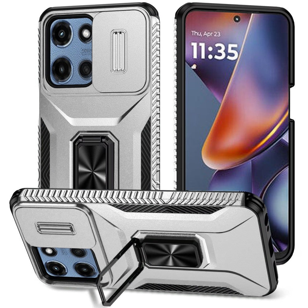 For Apple iPhone 16e Case, Camera Cover with Magnetic Rotation Ring Stand, Military Grade Hybrid Hard TPU Shockproof Case Cover Silver