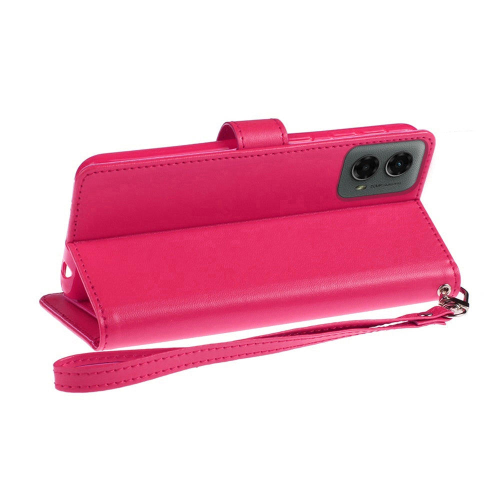 For Motorola Moto G 5G 2024 Premium Leather Wallet with Credit Card ID Slots Cash Holder, Duo Flip Pouch, Stand Function & Strap Case Cover Hotpink