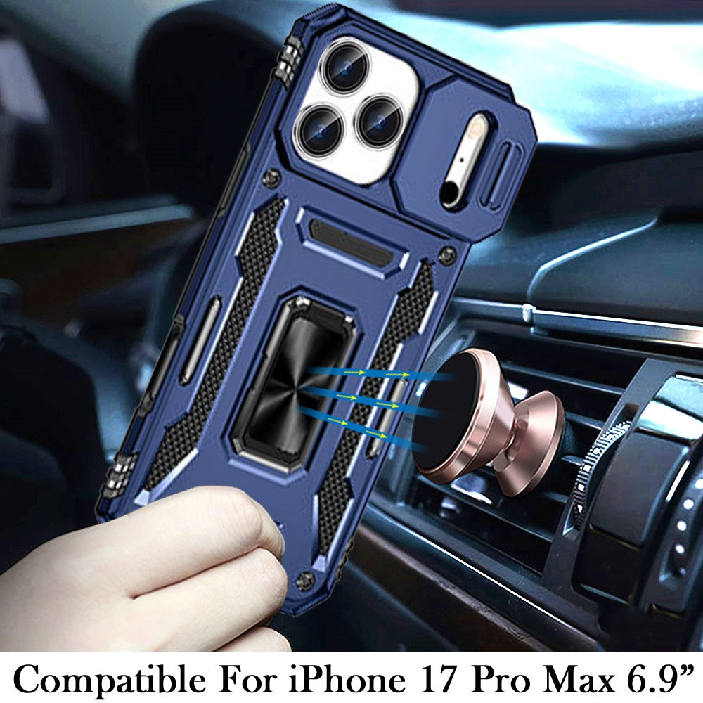 Phone Case for Apple iPhone 17 Pro Max (6.9") Tough Metal Ring Shockproof Sliding Camera Window Hybrid Armor Rugged Anti Slip Heavy Duty Grip Cover Cosmic Orange