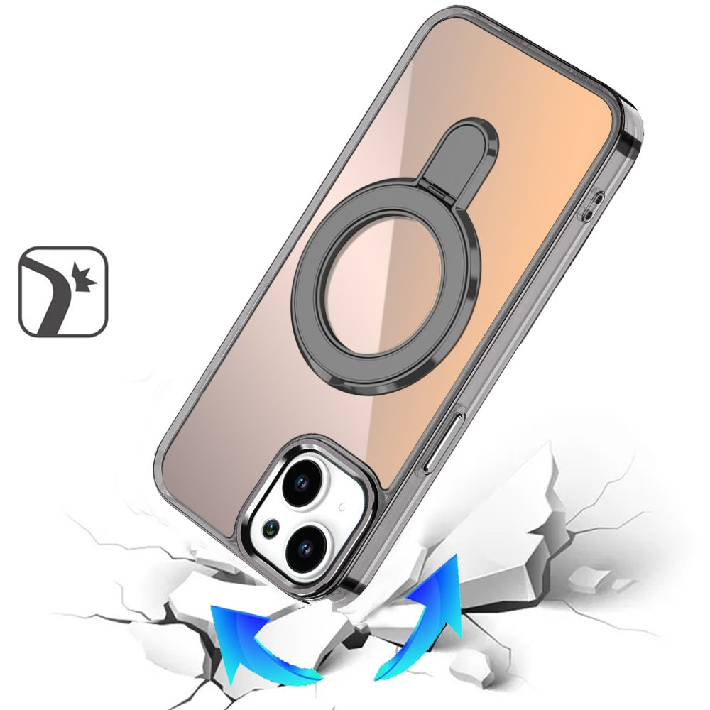 For iPhone 15 Plus (6.7") Chrome Hybrid with Rotating Magnetic Circle Ring Stand, Slim Shockproof Hybrid Case Cover Cosmic Orange