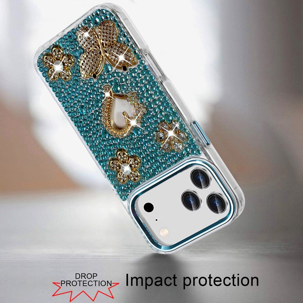 Phone Case for Apple iPhone 18 Pro/ iPhone 17 Pro Luxury Crystal Butterfly Floral Jeweled Heart Full Diamond Design, Sparkling Decorative Details, Elegant Style Cover Blue