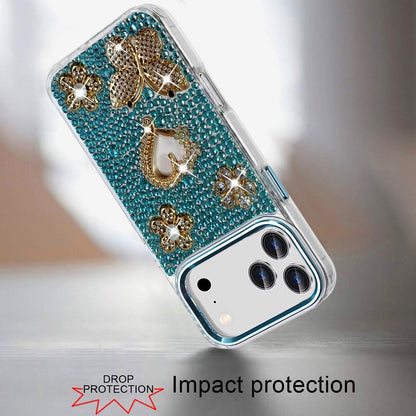 Phone Case for Apple iPhone 18 Pro/ iPhone 17 Pro Luxury Crystal Butterfly Floral Jeweled Heart Full Diamond Design, Sparkling Decorative Details, Elegant Style Cover Blue