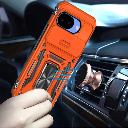 Phone Case for Google Pixel 10A Tough Metal Ring Shockproof Sliding Camera Window Hybrid Armor Rugged Anti Slip Heavy Duty Grip Cover Cosmic Orange