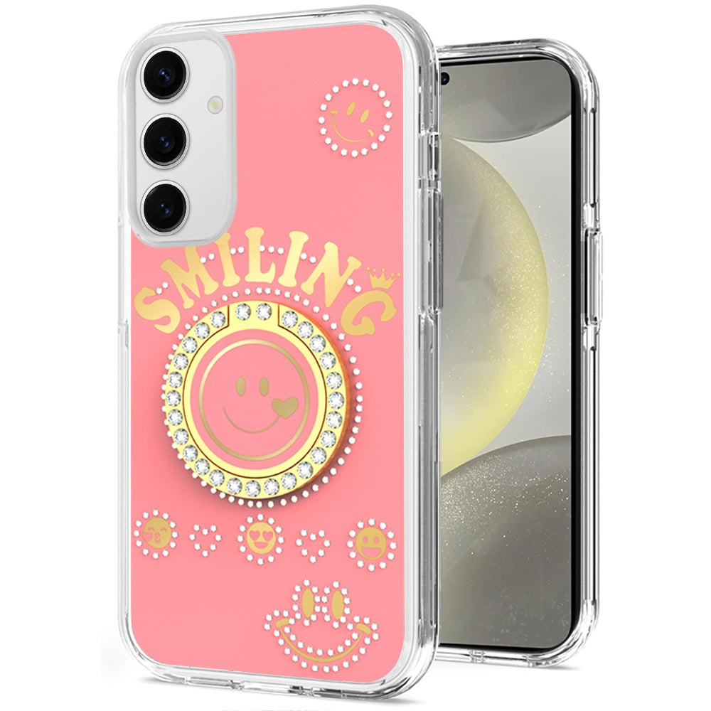For Samsung Galaxy S25 /S24 Smiling Glitter Ornament Bling Sparkle with Ring Stand Hybrid Slim TPU + Hard Back Shell Case Cover