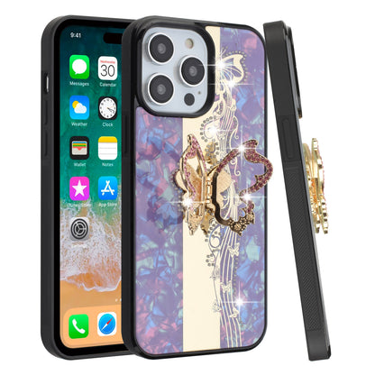 For Apple iPhone 12 Pro Max Diamond Bling Sparkly 3D Ornaments Engraving Hybrid with Ring Stand Fashion Case Cover Enchanted Butterfly Purple