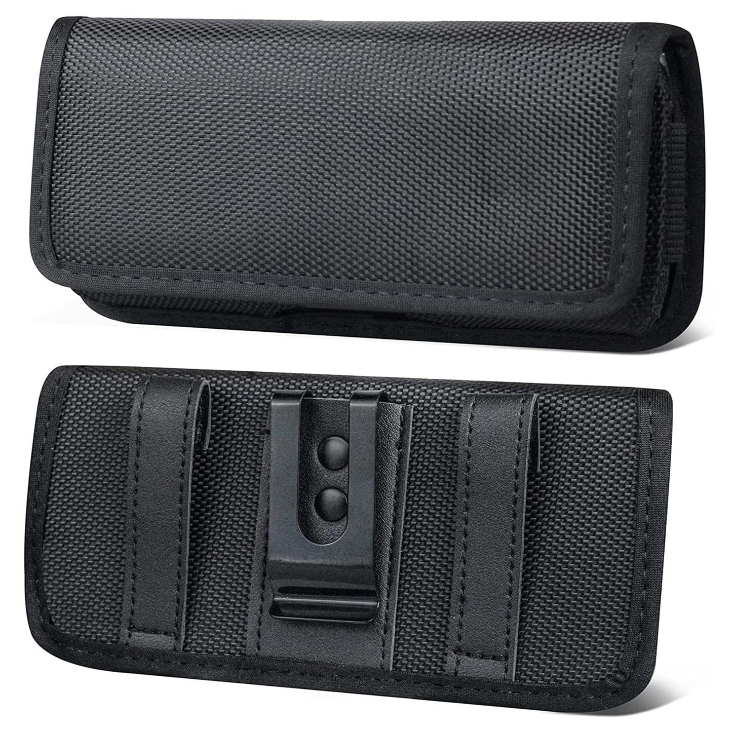 For Apple iPhone 16 Pro (6.3") Nylon Canvas Fabric Waist Belt Holster Horizontal Pouch Holds Large Phone Works with Thick Cases Universal Cover [Black]