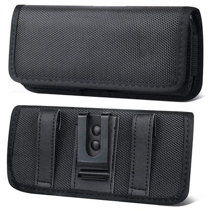 For Apple iPhone 16 Pro (6.3") Nylon Canvas Fabric Waist Belt Holster Horizontal Pouch Holds Large Phone Works with Thick Cases Universal Cover [Black]