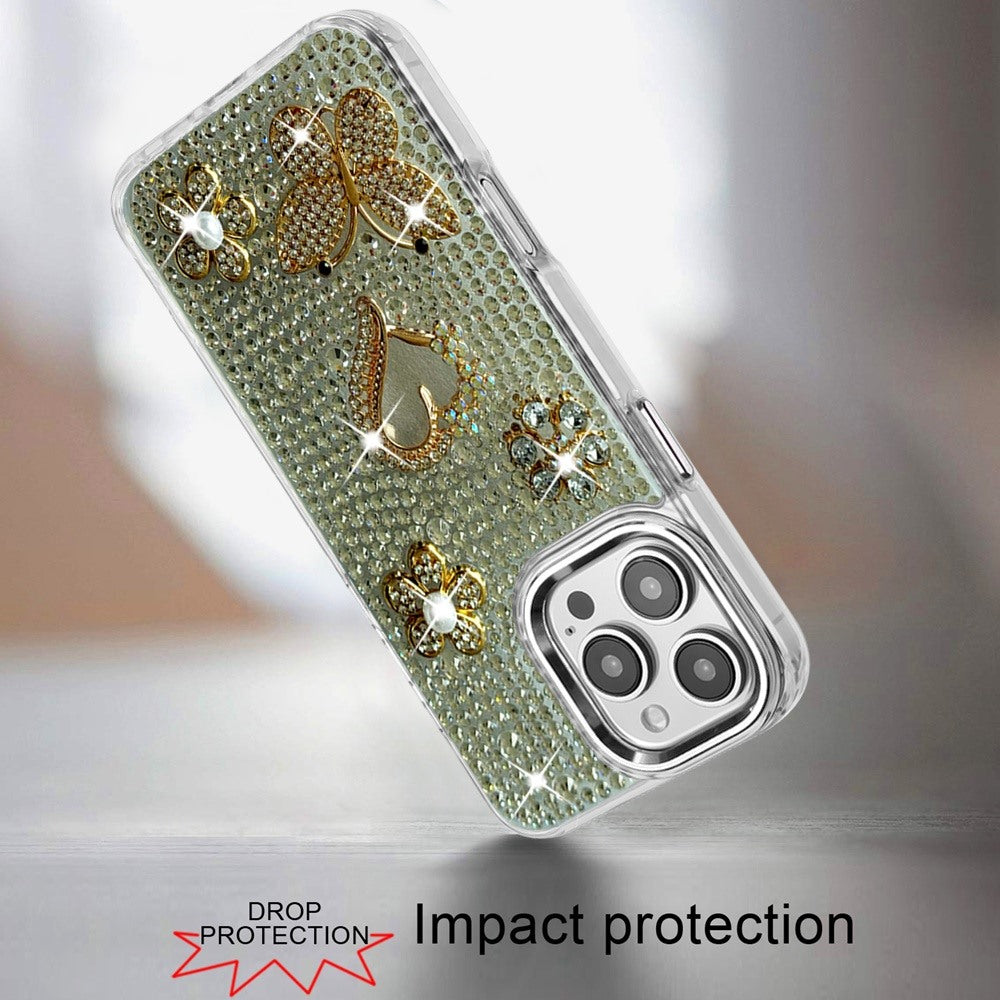 Phone Case for iPhone 16 Pro Max Luxury Crystal Butterfly Floral Jeweled Heart Full Diamond Design, Sparkling Decorative Details, Elegant Style Cover Silver