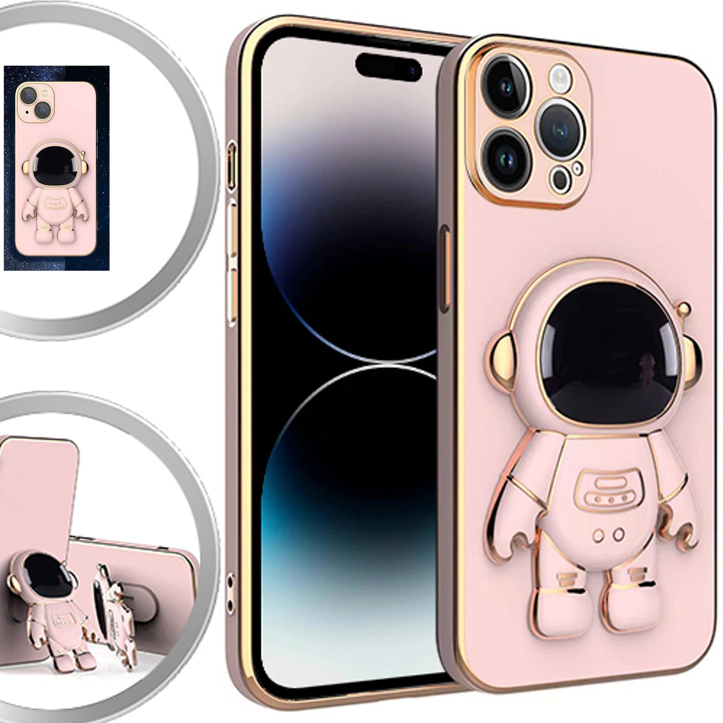 For Apple iPhone 15 Pro (6.1") Astronaut Hidden Stand Holder Plating Hybrid Electroplated Bumper Shockproof Armor  Phone Case Cover