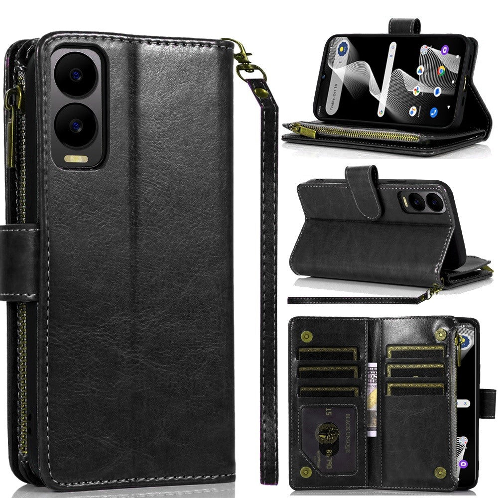 For Samsung Galaxy S25 Ultra Leather Wallet Case with Zipper, 9 Card Slots, Cash Pocket, Stand & Strap, Clutch Pouch Design Case Cover Black