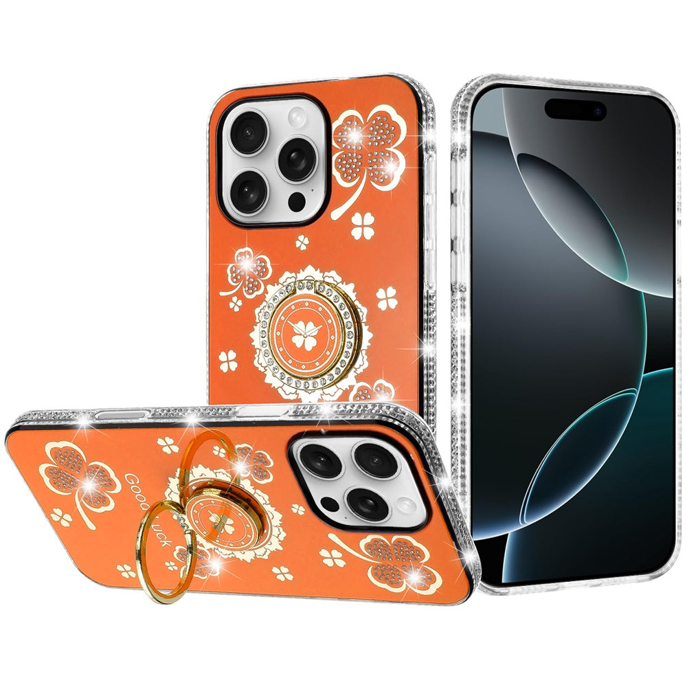 For iPhone 16 Pro Max (6.9") Diamonds Bling All Around Edges Sparkly Glitter Hybrid with Ring Stand Holder Fashion Good Luck Case Cover Cosmic Orange