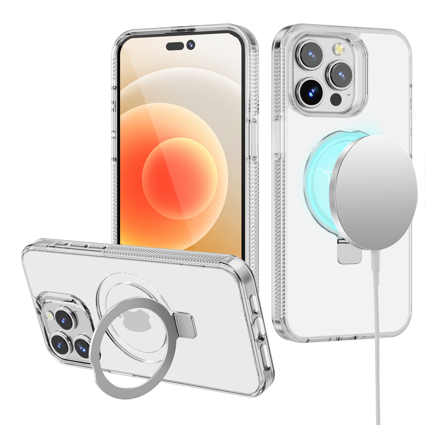 For Apple iPhone 16 Plus (6.7") Transparent HQ Magnetic Ring Circle Stand with MagSafe Compatible Hybrid Dotted Edged Case Cover Clear