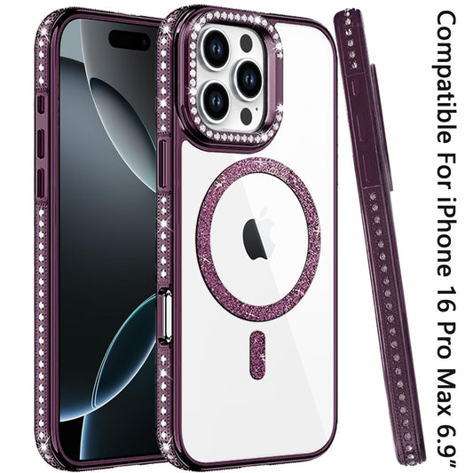 Phone Case for Apple iPhone 16 Pro Max Luxury Diamond Bling Edged Magnetic Glitter Shockproof Hybrid with Camera Kickstand Durable Grip Cover