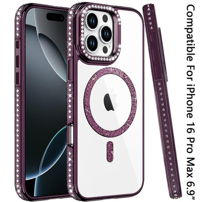 Phone Case for Apple iPhone 16 Pro Max Luxury Diamond Bling Edged Magnetic Glitter Shockproof Hybrid with Camera Kickstand Durable Grip Cover