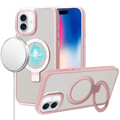 For Apple iPhone 16 Plus (6.7") Magnetic Metal Matte Built-in Compatible with MagSafe Stand Hybrid Shock Armor TPU Case Cover Pink