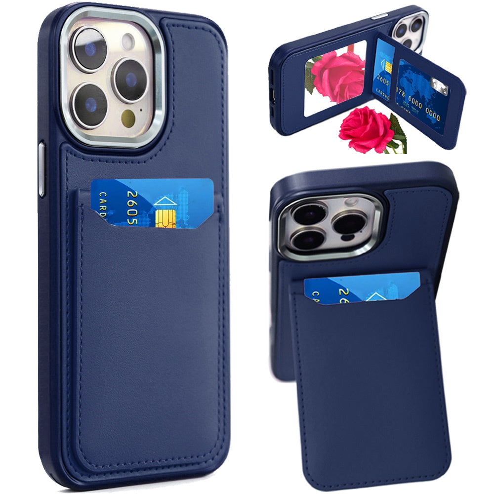 For iPhone 16 Pro Max PU Leather Wallet Cover with Credit Card Holder, Kickstand & Mirror Inside Slim Fit TPU & PC Hybrid Design Case Cover