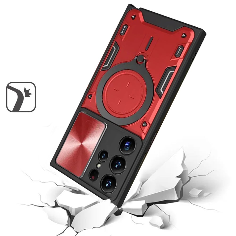 Phone Case for Samsung Galaxy S23 Ultra Magnetic Ring Stand Shockproof Hybrid Full Camera Slide Guard Anti Slip Heavy Duty Protective Armor Cover Red