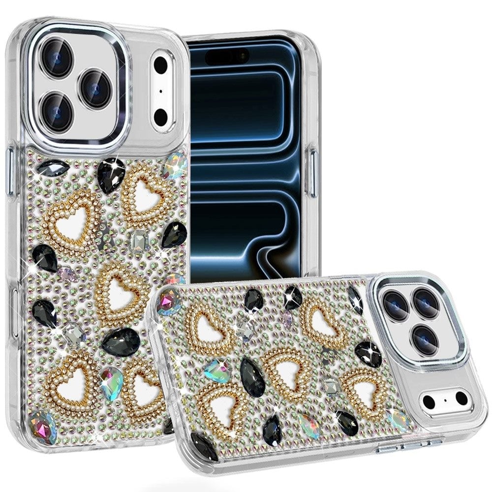 Phone Case for Apple iPhone 17 Pro Max Luxury Crystal Heart Rhinestone Diamond Bling Shockproof Hybrid Glitter Protective Stylish Durable Grip Cover