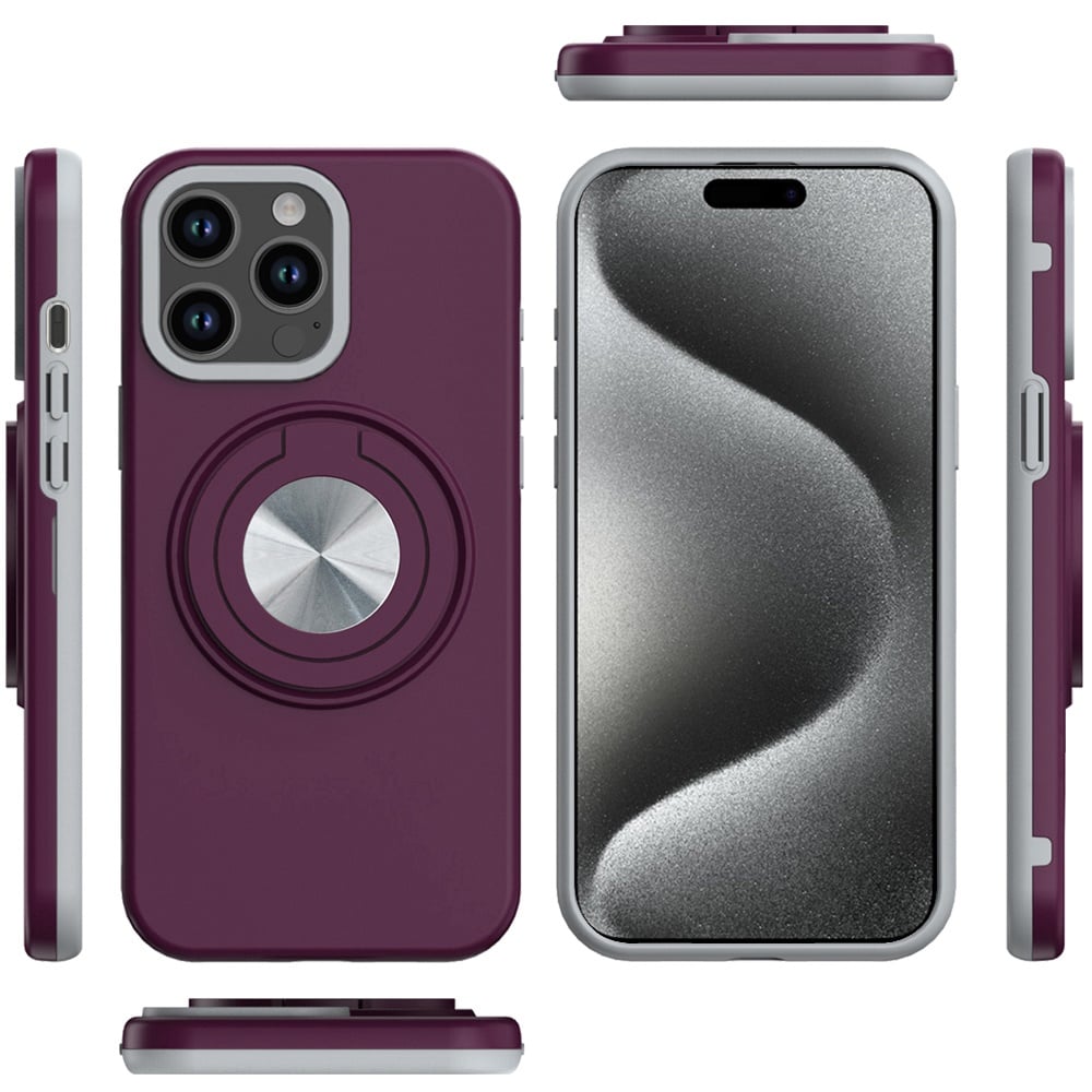 Phone Case for Apple iPhone 15 Pro Max Shockproof Magnetic Ring Stand Rotating CarMount Hybrid Metal Matte Finish AntiSlip Grip Kickstand Cover Red