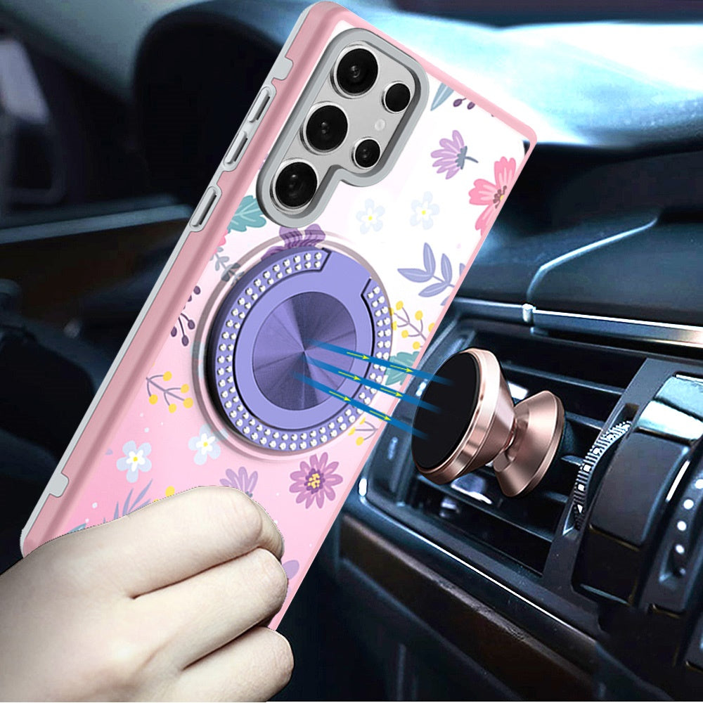 For Samsung Galaxy S25 Ultra Pattern Design Hybrid with Invisible Ring Stand & Magnetic Back, Shockproof Protective Grip Case Cover