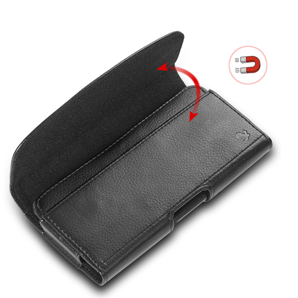 For Apple iPhone 16 Pro (6.3") Universal Horizontal PU Leather Phone Belt Holster Case Magnetic Closure with Credit Card ID Holder Pouch Cover [Black]