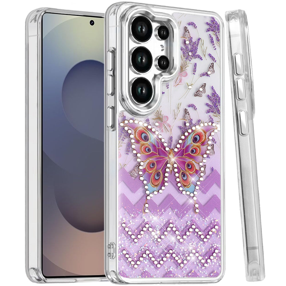 For Samsung Galaxy S25 Ultra Butterfly Resin Epoxy Diamond Design Metal Edged Hybrid Shockproof Heavy Duty Drop Protection Case Cover