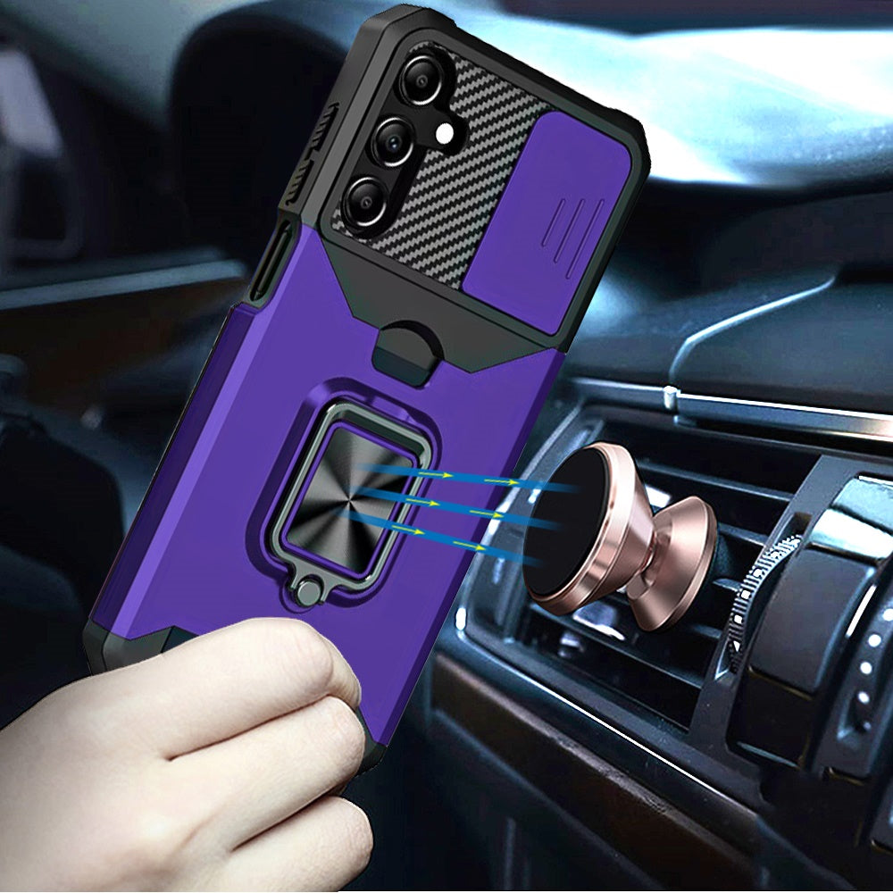 For Samsung Galaxy A16 5G Wallet Case with Ring Stand & Slide Camera Cover Credit Card Holder, Military Grade Hard Shockproof Case Cover Purple