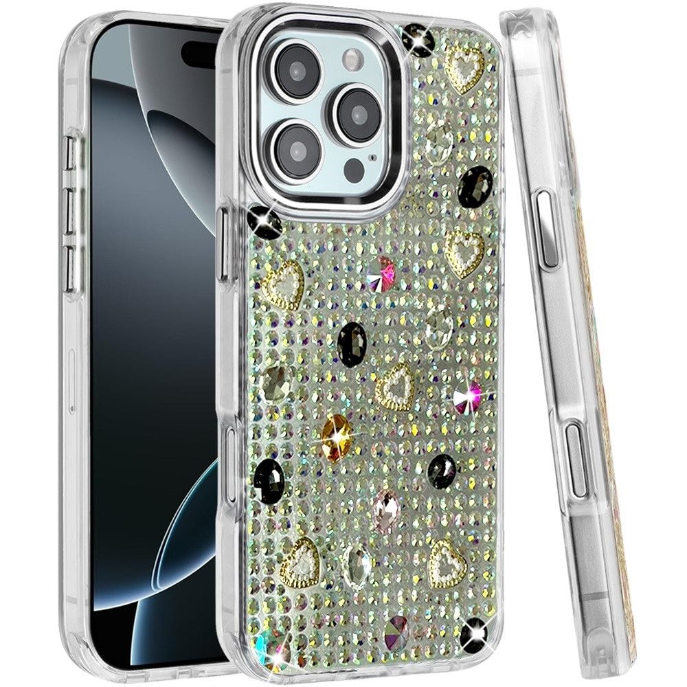 Phone Case for Apple iPhone 16 Pro Chrome Fashion Hybrid Bling Diamond Heart Rhinestone Decorative Stones Sparkling Embellished Design Cover