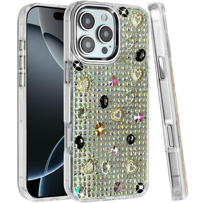 Phone Case for Apple iPhone 16 Pro Chrome Fashion Hybrid Bling Diamond Heart Rhinestone Decorative Stones Sparkling Embellished Design Cover