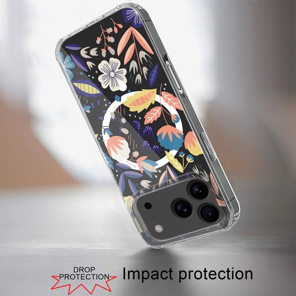 For Apple iPhone 17 Pro Hybrid Flower Design Stylish Fashion Case, MagSafe Compatible, Thick Shockproof Hard PC Case Cover