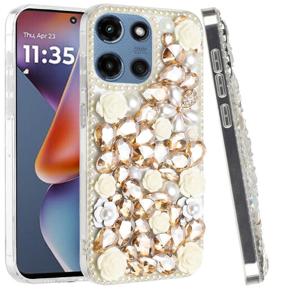Phone Case for Motorola Moto G 5G 2026/ 2025 Rose Flower Full Diamond Bling Rhinestone Glitter Luxury Stylish Sparkle Protective Designer Hybrid Cover