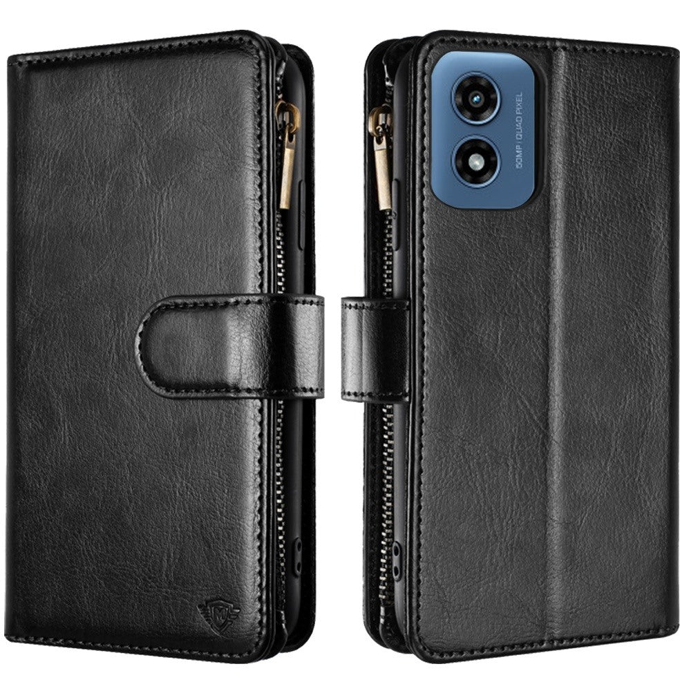 For Apple iPhone 16 Pro Max (6.9") Premium Leather Zipper Wallet with Credit Card Slots Money Pocket Luxury Clutch Pouch Stand & Strap Case Cover Black