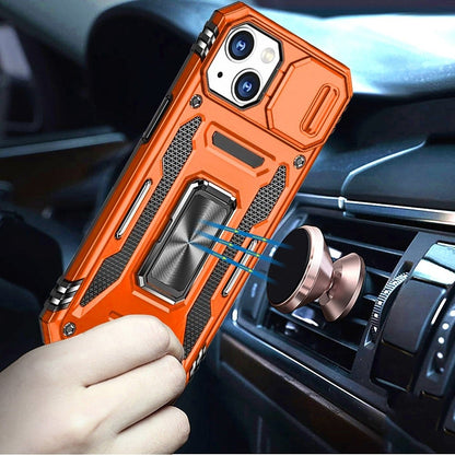 For iPhone 14/13 (6.1") Tough Hybrid Case with Movable Camera Window & Metal Ring Stand Shockproof Case Cover Cosmic Orange