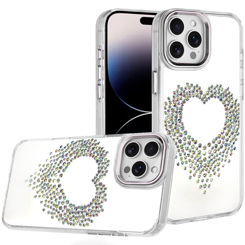 For Apple iPhone 17E /16E Angel Hearts Bling Glitter Diamond Hybrid TPU Cover, Colorful Frame Shockproof Protective Back Case Cover Silver