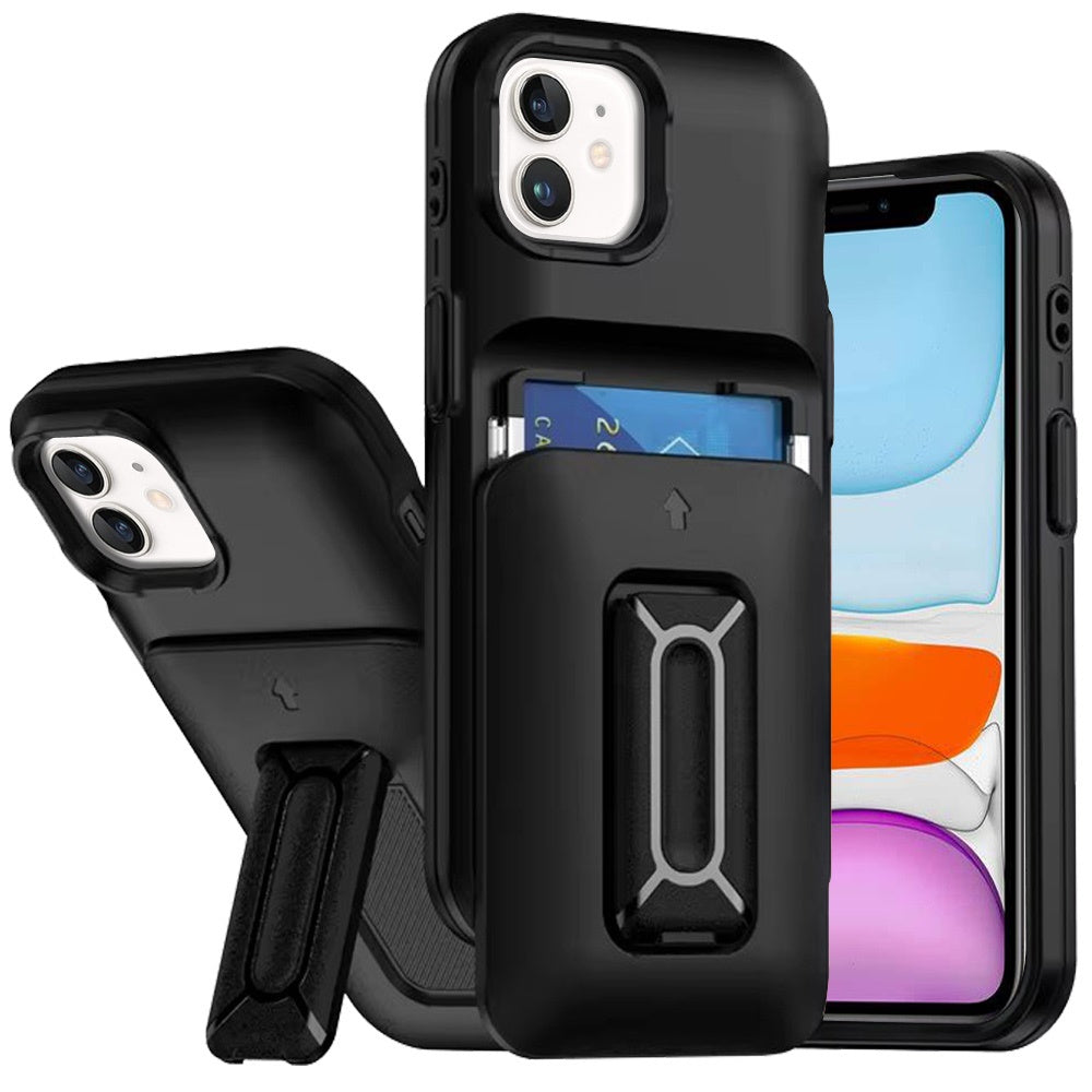For Apple iPhone 11 Wallet Case with 2- Credit Card Holder, Wrist Strap & Kickstand Hybrid Shockproof TPU Case Cover