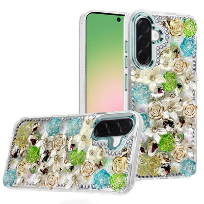 For Samsung Galaxy A57 3D Diamond Floral Roses Flower Bling Stone Hybrid, Sparkly Rhinestone Gemstone Back Shockproof Case Cover