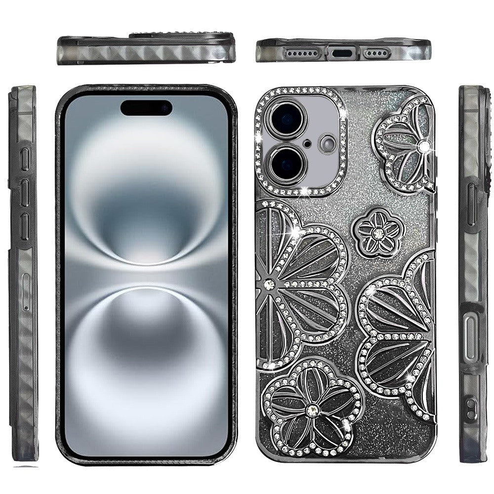 For iPhone 16 (6.1") Luxury Flower Design Sparkle Glitter Diamond Rhinestone Shimmer Bling Plating Thick TPU Hard PC Case Cover
