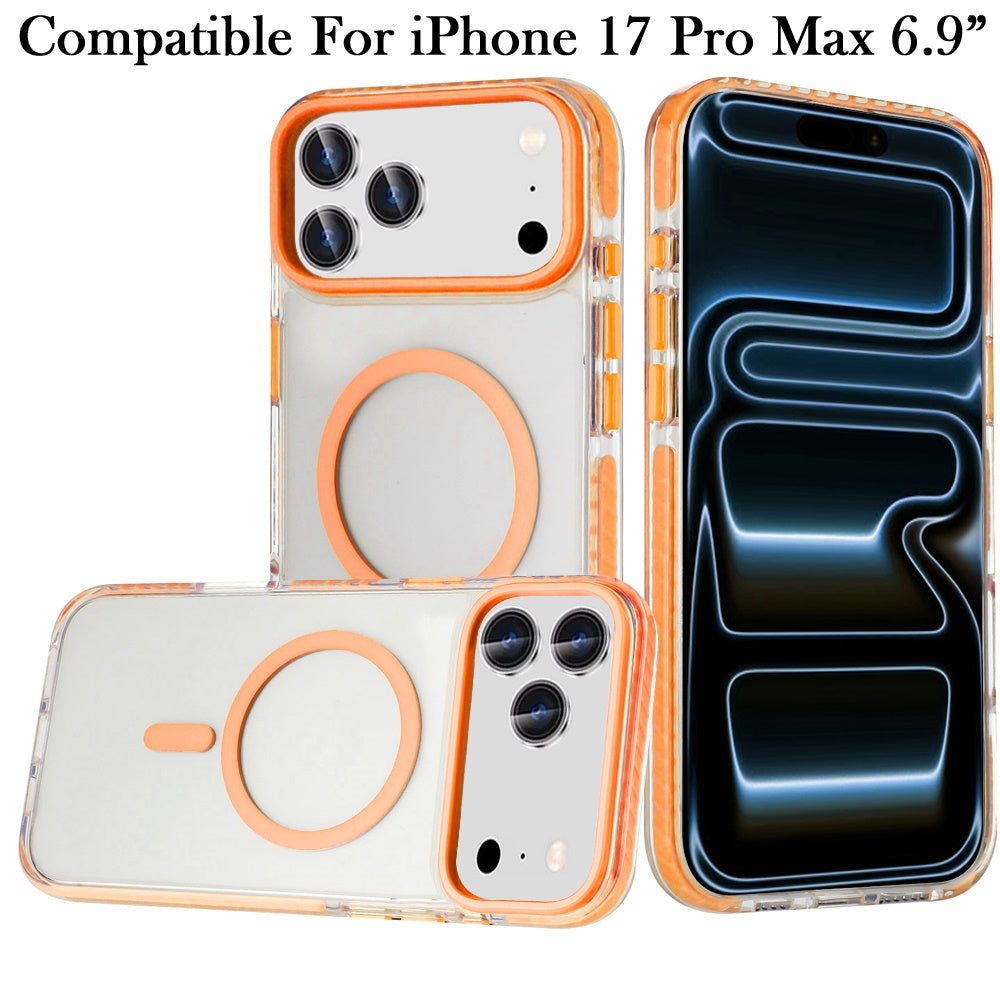 For Apple iPhone 17 Pro Max (6.9") Transparent Hybrid with Color-Matched Magnetic Circle, Rubber TPU Frame Hard PC Shockproof Case Cover Cosmic Orange