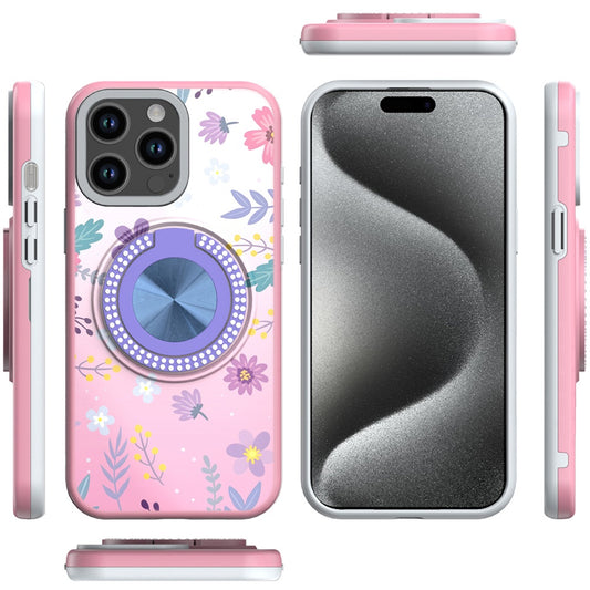 Phone Case for iPhone 15 Pro Max Magnetic Ring Stand Matte Metal Hybrid Car Mount Friendly Shockproof Rotational Grip Diamond Design Pattern Cover Summer Lavender
