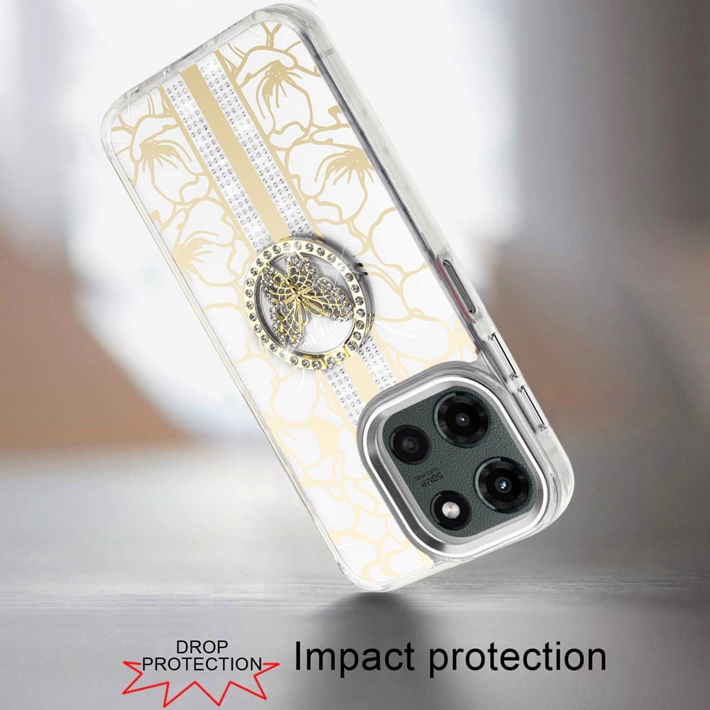 For Motorola Edge 2025 Diamonds 3D Butterfly Floral Design Bling Sparkly Glitter Hybrid Metal Fashion with Ring Stand Case Cover