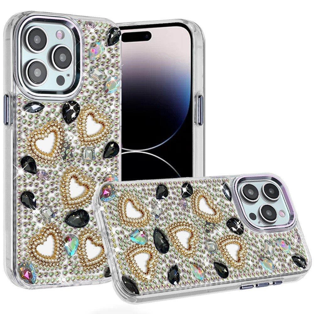 Phone Case for Apple iPhone 14 Pro Max Luxury Crystal Heart Rhinestone Diamond Bling Shockproof Hybrid Glitter Protective Stylish Durable Grip Cover